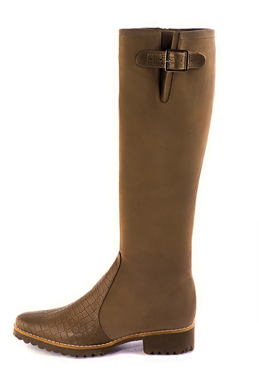 Caramel brown women's knee-high boots with buckles. Round toe. Flat rubber soles. Made to measure. Profile view - Florence KOOIJMAN